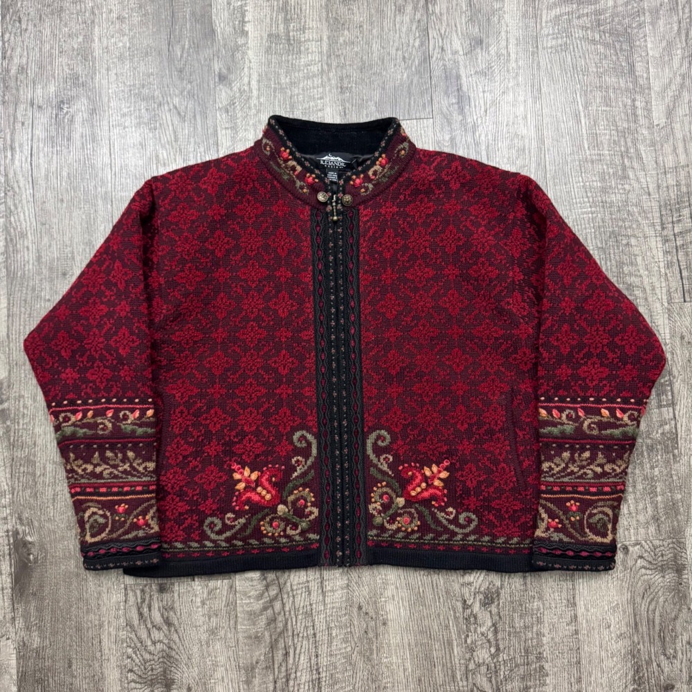 Icelandic Design Nordic Floral Wool Full Zip Sweater L